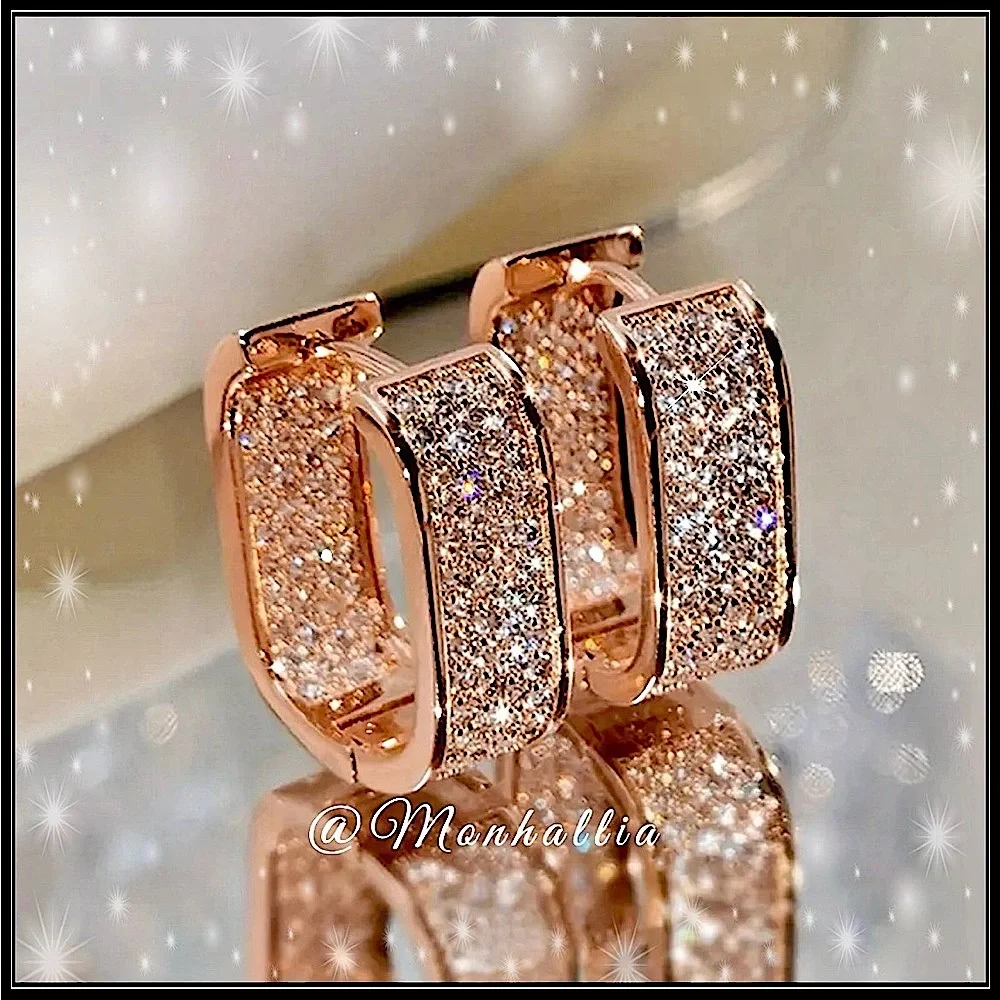 Clearance! New rose gold pave simulated diamond oblong huggie hoop earrings
